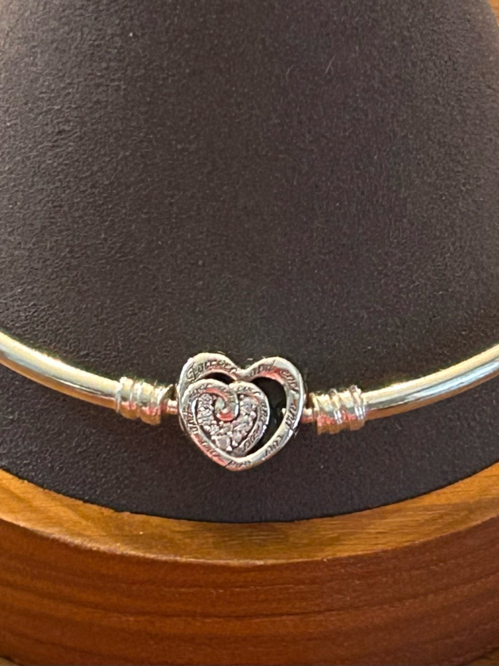 Pandora 925 Sterling Silver Heart Charm Bangle Bracelet with Crystal Accents - Picture 3 of 6